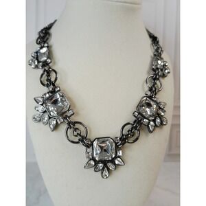 White House Black Market Crystal Statement Necklace Gunmetal Chain Glamour